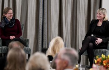 Khaterina Wincor and Kim Noltemy during a Q&A at a patron dinner